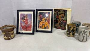 lot 1161 image: Mixed Lot Framed Art Prints with Glazed Pottery Cups