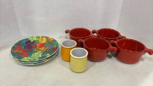 lot 1164 image: La Fermi�re Dinnerware, Red Bowls Yellow Mugs Fruit Plates