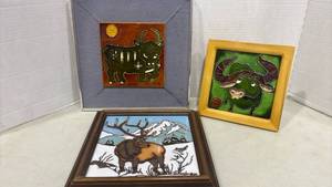 lot 1169 image: Lot of 3 Framed Animal Wall Art Tiles Bull Elk Deer