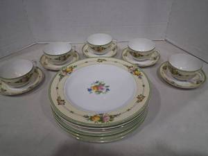 lot 1173 image: Hand Painted Porcelain Dinnerware Set Floral 5 Cups 5 Saucers 6 Plates