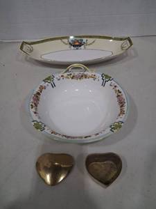 lot 1174 image: Porcelain Serving Dish with Handles, Floral Decoration, 1 brass Heart Box
