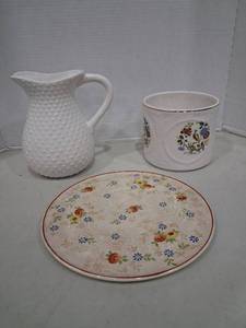 lot 1177 image: 3-Piece Ceramic Tableware Set Pitcher, clay Jar Made in Holland , Plate Made in Japan
