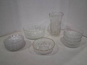 lot 1181 image: Cut Glass Tableware Lot Bowls, Plates, Vase with Gold Trim