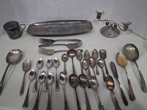 lot 1182 image: Silver-plated Flatware & Serving Lot Spoons Forks Tray Candleholder Lidded Cup