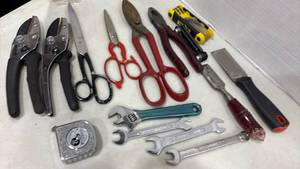 lot 1228 image: Mixed Hand Tools Lot Pruners, Scissors, Wrenches, Adjustable Wrench, Allen Keys, Chisel