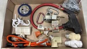 lot 1230 image: Mixed Hardware Lot Padlocks Bungee Cords Electrical Adapters Hook Screws Carabiners