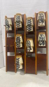 lot 1236 image: Ceramic Mugs with Blue Hand-Painted Designs Wood Display Rack 10-Piece Set for spices