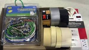 lot 1243 image: Heavy Duty Bungee Cord Set, Tape, Surge Protector