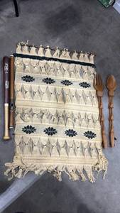 lot 1258 image: Textile Wall Hanging with Fringe, Black Decorative Stripe, 42x28 with Wooden Utensils and Bat