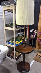 lot 2000 image: Table Lamp with Round Wooden Base and Cream Pleated Shade 57 inches tall