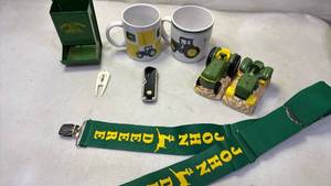 lot 2011 image: John Deere Merchandise Lot 2 Mugs 2 Belts 4 Toy Tractors Wall Caddy