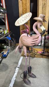 lot 2016 image: Metal Pink 32 inch tall Flamingo Yard Ornament with Welcome Sign and Cowboy Hat