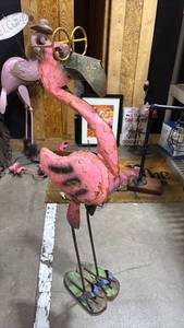 lot 2017 image: Pink Flamingo Garden Ornament with Metal Saddle and Base 32 inches tall