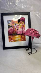 lot 2020 image: Framed Flamingo Needlepoint Art 16x12 with Metal Flamingo Sculpture Decor