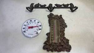lot 2022 image: AcuRite Analog Thermometer, Iron Bird Wall Hanger 14 inch wide and Iron Hummingbird Thermometer