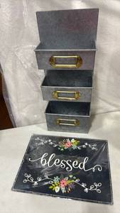 lot 2025 image: 3-Drawer Metal Storage Unit with Brass Handles 22x9 and Blessed Decorative Metal sign