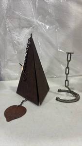 lot 2029 image: Metal Pyramid Wind Chime 13 inches tall and Horseshoe Chain Candle Holder