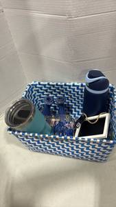 lot 2038 image: Home Goods Lot in Woven Basket �� Tumbler Water Bottle Candleholders Chalkboard Tablecloth