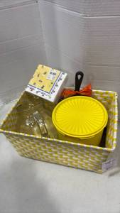 lot 2039 image: Reeses Cast Iron Skillet, Tupperware Lidded Containers, Pitcher, Napkins and more