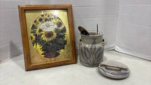 lot 2042 image: Mainstays Fresh Picked Sunflower Print 8x10in Frame with Pottery Vessel and Kitchen Tools