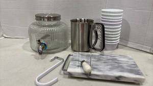 lot 2048 image: Glass Beverage Dispenser, Stainless Steel Sifter, Ramekin Cups and more