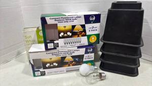 lot 2052 image: ULA Compact Fluorescent Lamp Bulbs and Bed Risers