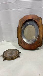 lot 2053 image: Brass Ships Wheel Barometer with Wooden Mirror Frame