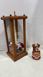lot 2068 image: Wood Glass Display Case with White Taper Candle Floral Arrangement and Bear Box