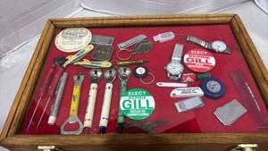 lot 2078 image: Bernie Gill Political Memorabilia Lot Watches Bottle Openers Keychains in Shadowbox