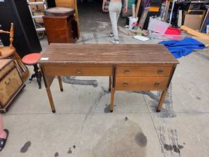 lot 25161 image: Antique Wood writing desk with 3 drawers and metal handles