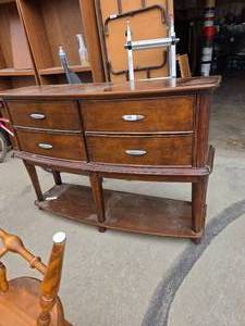lot 29 image: vintage wood bow-front sideboardbuffet console table with four drawers and a lower display shelf