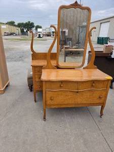 lot 25152 image: Antique wooden princess dresser featuring a large upright mirror and lower drawers
