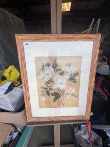 lot 66 image: Floral still-life print featuring white and pink flowers with green leaves.