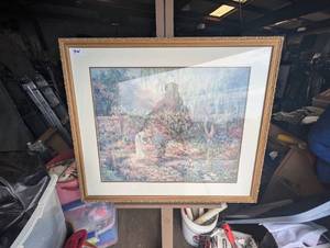 lot 74 image: Framed vintage landscape print with a light-colored mat and a simple wooden frame.