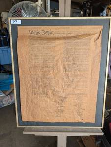 lot 77 image: Comemorative printed textile copy of the Declaration of Independence, mounted and framed.