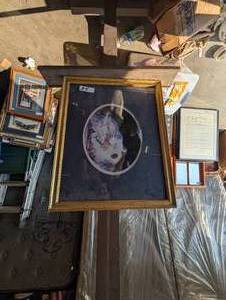 lot 85 image: Framed circular abstract artwork featuring mottled shades of white, purple, blue, and dark tones