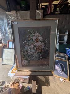 lot 86 image: Vintage decorative art print or reproduction of a floral still life painting, similar in style to Pierre-Auguste Renoirs floral works