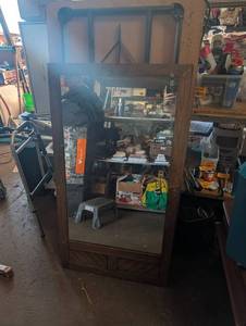 lot 150 image: Vintage sturdy wood framed miror with etched detail in wood
