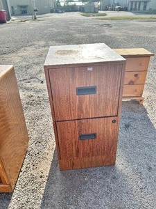 lot 93 image: Two-drawer vertical filing cabinet with a wood-grain finish