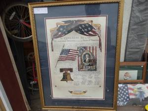 lot 47 image: Antique framed patriotic print featuring George Washington, an American flag, and the Liberty Bell.