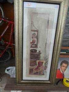 lot 52 image: Narrow framed vertical art piece in ornate, gold-tone frame