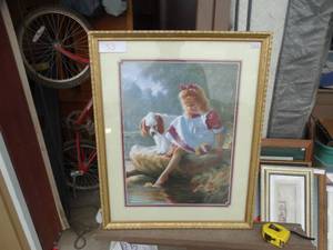 lot 53 image: A Day Together by artist Mark Arian, featuring a young girl and her spaniel by the waters edge