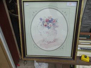 lot 58 image: Vintage framed floral print of a bouquet in a pitcher