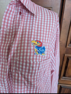 lot 4003 image: Antigua Kansas Jayhawks Pink Gingham Button-Up Shirt L