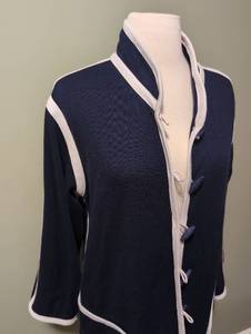 lot 4014 image: Vintage Navy Blue Cardigan with White Trim and Toggle Closures -LXL