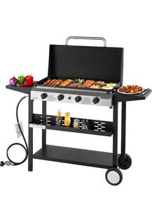 lot 18065 image: Rovsun Gas Griddle, 4-Burner Flat Top Grill, 29 inch Grill Plate Propane Griddle with Wheels, Lid, 28000 BTU Outdoor Flat Top Grills for Pan-Frying, Grilling, Stir-Frying, & BBQ, Pulse Ignition - Retail $298