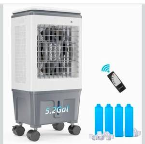 lot 18067 image: ROVSUN 5.2Gal Portable Swamp Cooler, 1400CFM Evaporative Air Cooler, 3-IN-1 Cooling Fan with Remote Control, 12H Timer & 4 Ice Box, 3 Speeds, Humidifying Oscillating Fan for Indoor or Outdoor - Retail $99