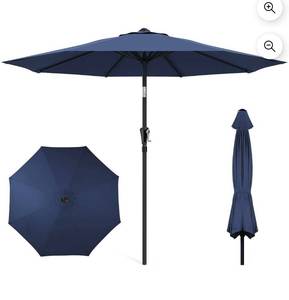lot 18069 image: 9FT Outdoor Patio Umbrella with UPF50 UV Protection Push Button Tilt Crank and 8-Rib Steel Frame Navy Blue - Retail $81