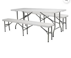 lot 18070 image: VINGLI 6 ft 3-Piece Portable Picnic White Table Bench Set, Weather-Resistant Plastic Folding Camping Beer Table wCarrying Handles, for Family Garden Patio Outdoor Activities Use - Retail $169