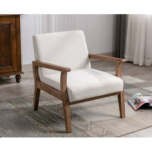 lot 18071 image: Guyou Wooden Accent Chair  Modern Linen Upholstered Reading Armchair for Living Room Bedroom Study  Ivory - Retail $185